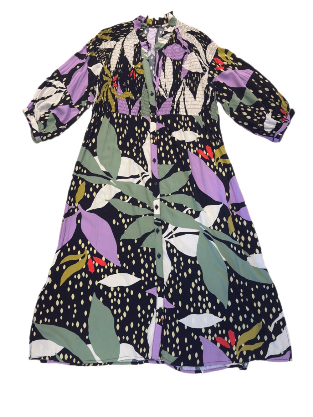 Cantão Midi Shirt Dress Medium Tropical Leaf Print Smocked Yoke Button Front